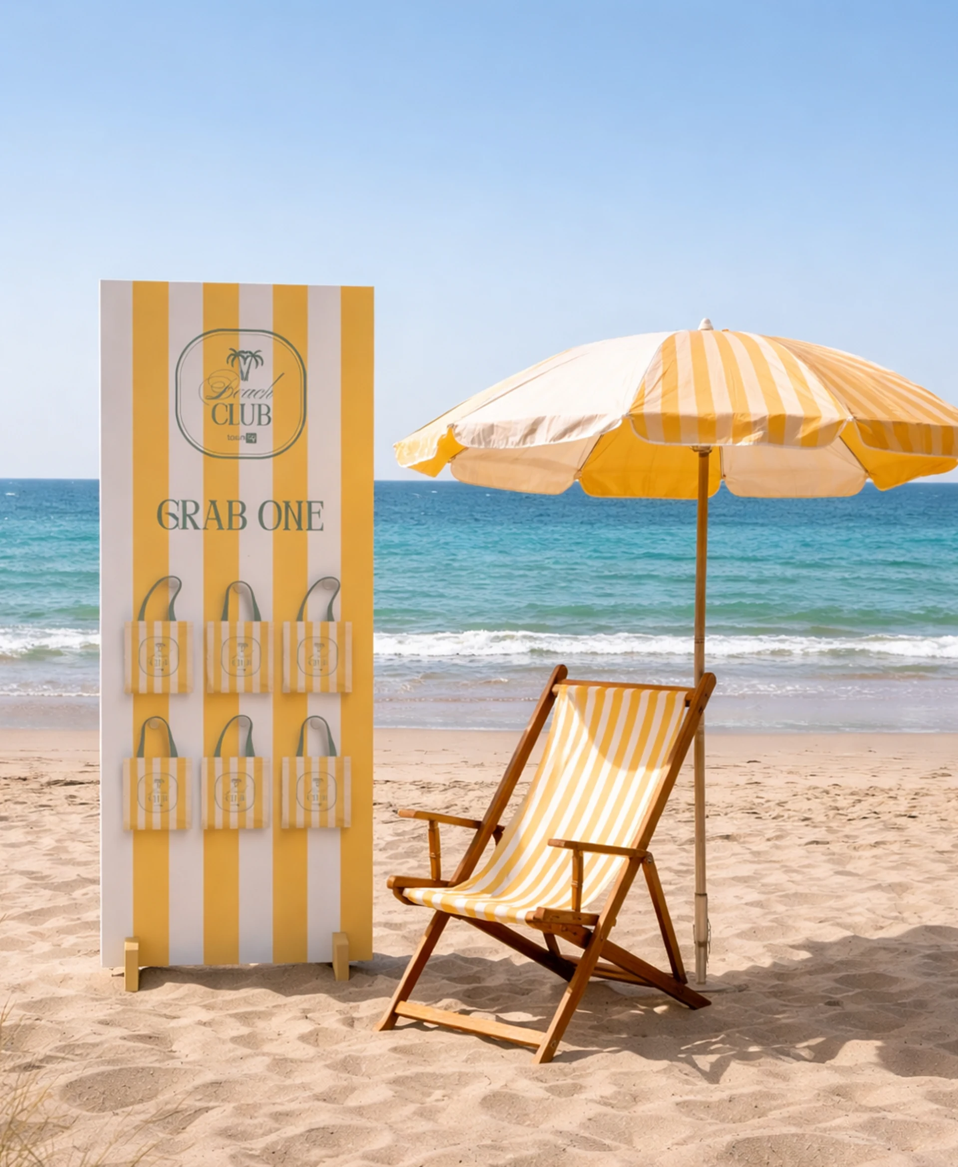 Cadeira de praia e prancha com a identidade Beach Club