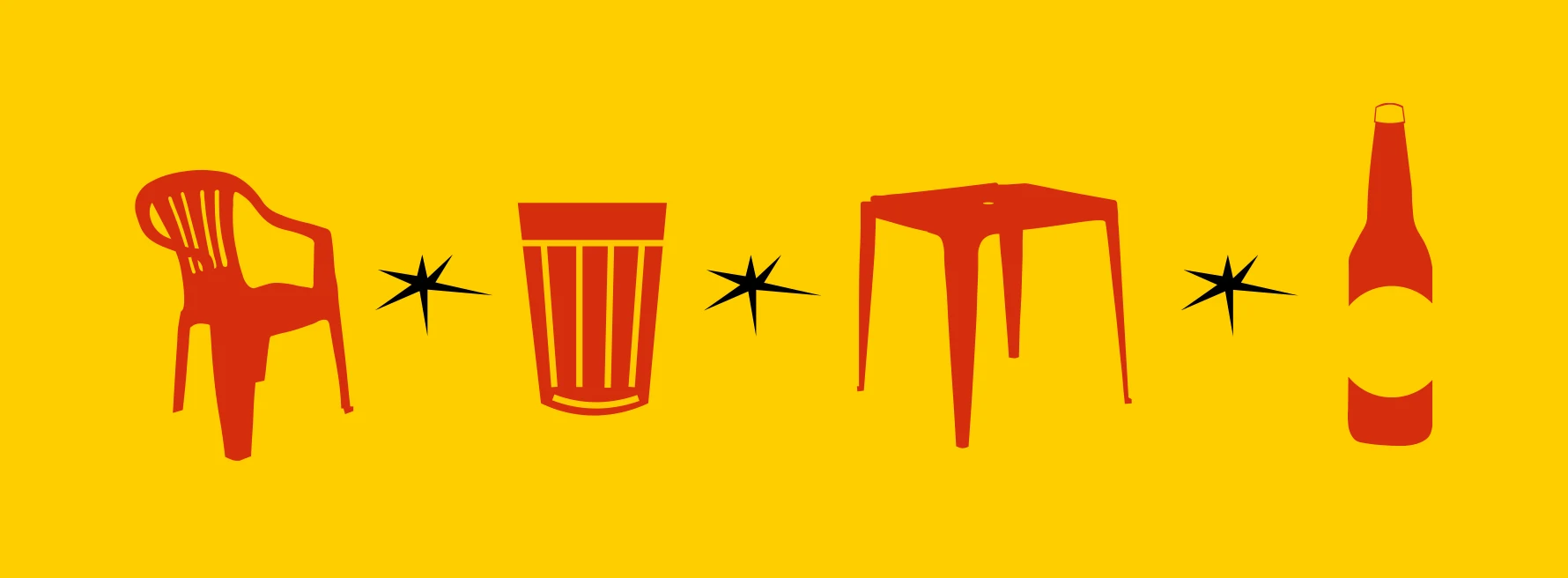 Ilustrações de cadeira, copo, mesa e garrafa criadas para o Coé Bar